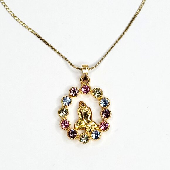 Vintage Praying Hands Pendant Necklace Rhinestones Pink Purple Blue Goldtone - Picture 1 of 3